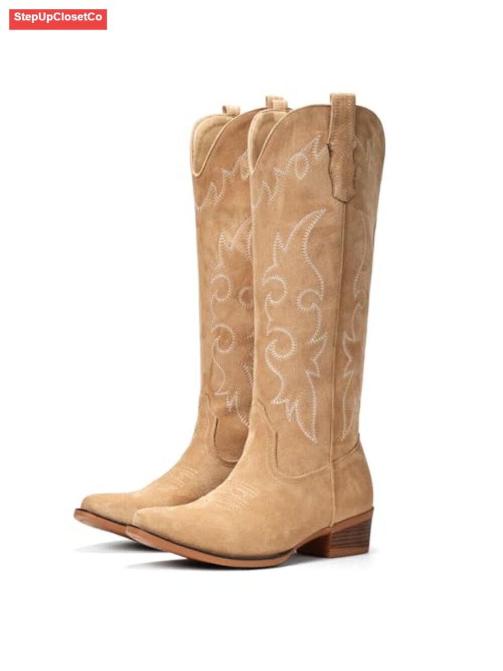 Suede Knee High Cowboy Boots Floral Embroidery Western Equestrian Boots - Picture 4 of 6